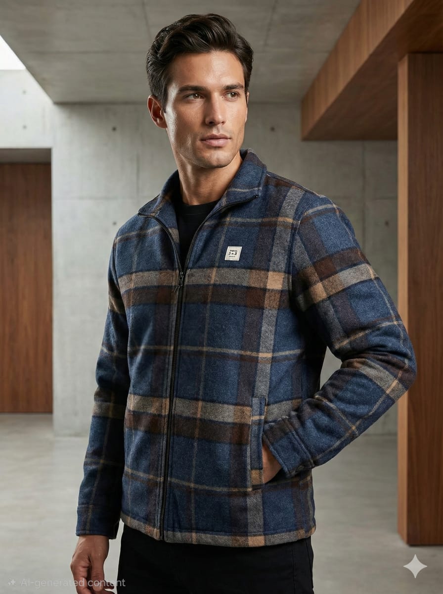 Spykar Men’s Premium Checked Fleece Zip-Up Jacket